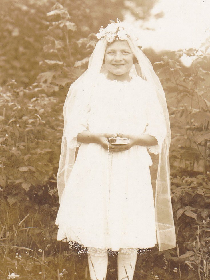 Beaming Confirmation Girl in Long Veil- 1920s Antique Photograph- Bible, Rosary- Sepia Portrait- Real Photo Poscard- AZO RPPC