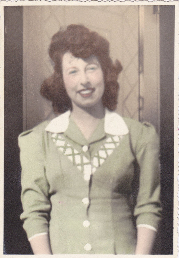 Smiling Blue Eyes- 1940s Vintage Photograph- Beautiful Woman in Sage Green Dress- Hand Tinted Photo- Portrait