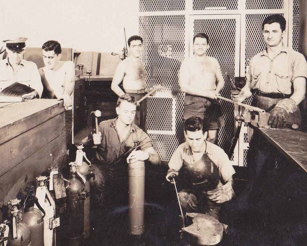 Onboard Metal Shop- 1940s Vintage Photograph- Crewmen of USS Cebu- WWII Sailors- Wartime Snapshot- Old Photo- Shirtless Men