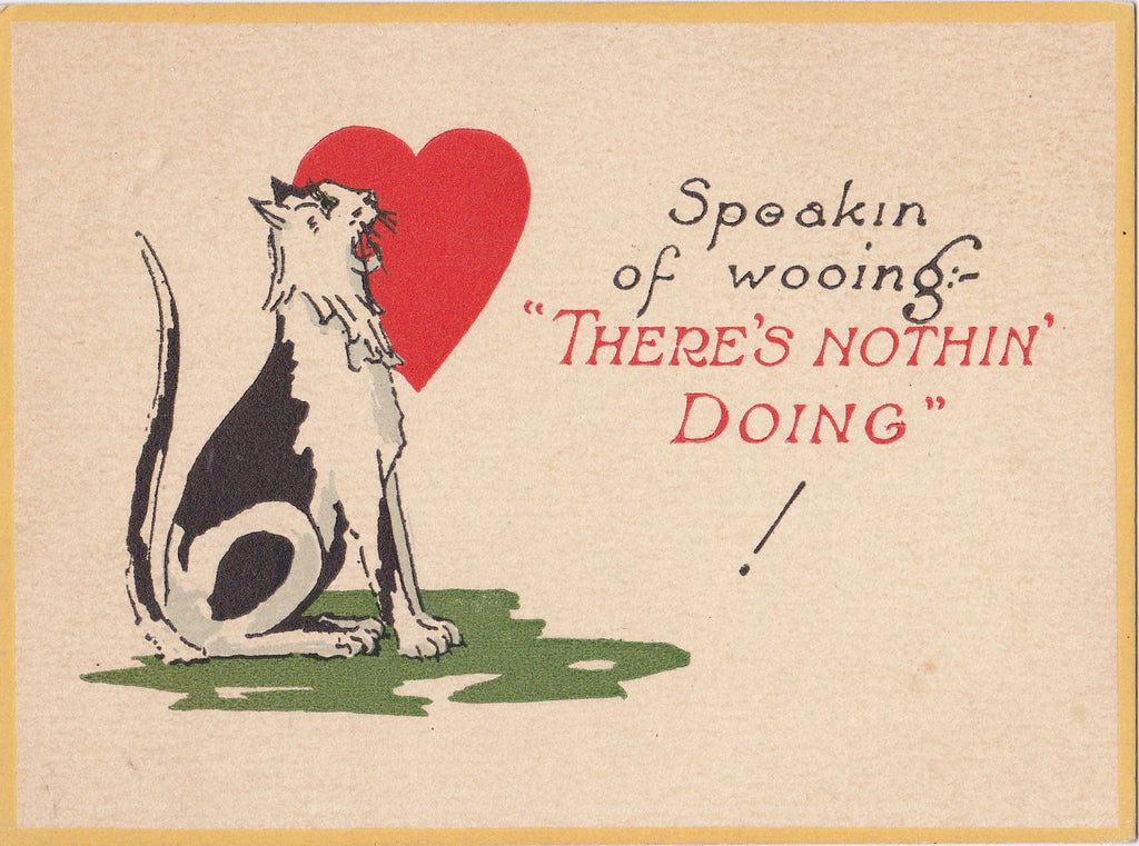 Speaking of Wooing, There's Nothing Doing- 1920s Antique Card- Black and White Tom Cat- Classic Red Heart- 20s Valentine- Unused