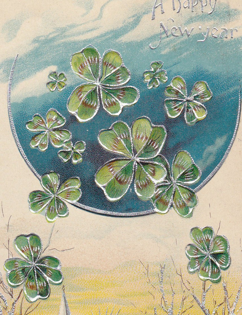 Luck of the New Moon- 1900s Antique Postcard- Happy New Year- Four Leaf Clovers- Holiday Card- Edwardian Decor- Embossed- Used