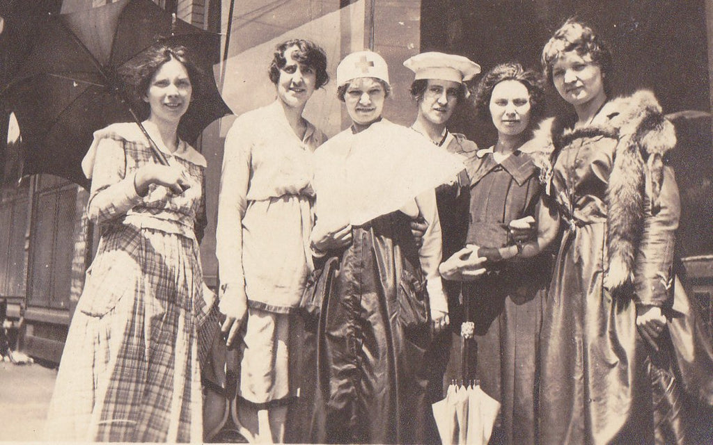Inseparable- 1910s Antique Photograph- Best Friends Forever- Edwardian Women- Umbrella- Red Cross Nurse- Real Photo Postcard- AZO RPPC