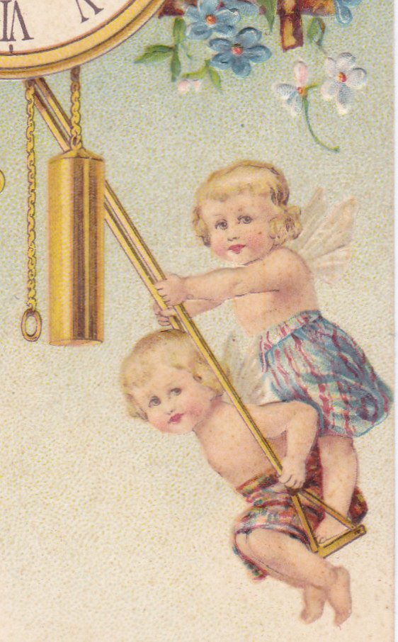 True Hearty Pleasures- 1900s Antique Postcard- New Years- Pendulum Clock- Midnight Hour- Cherubs- Fairies- Edwardian Fantasy- Embossed- Used