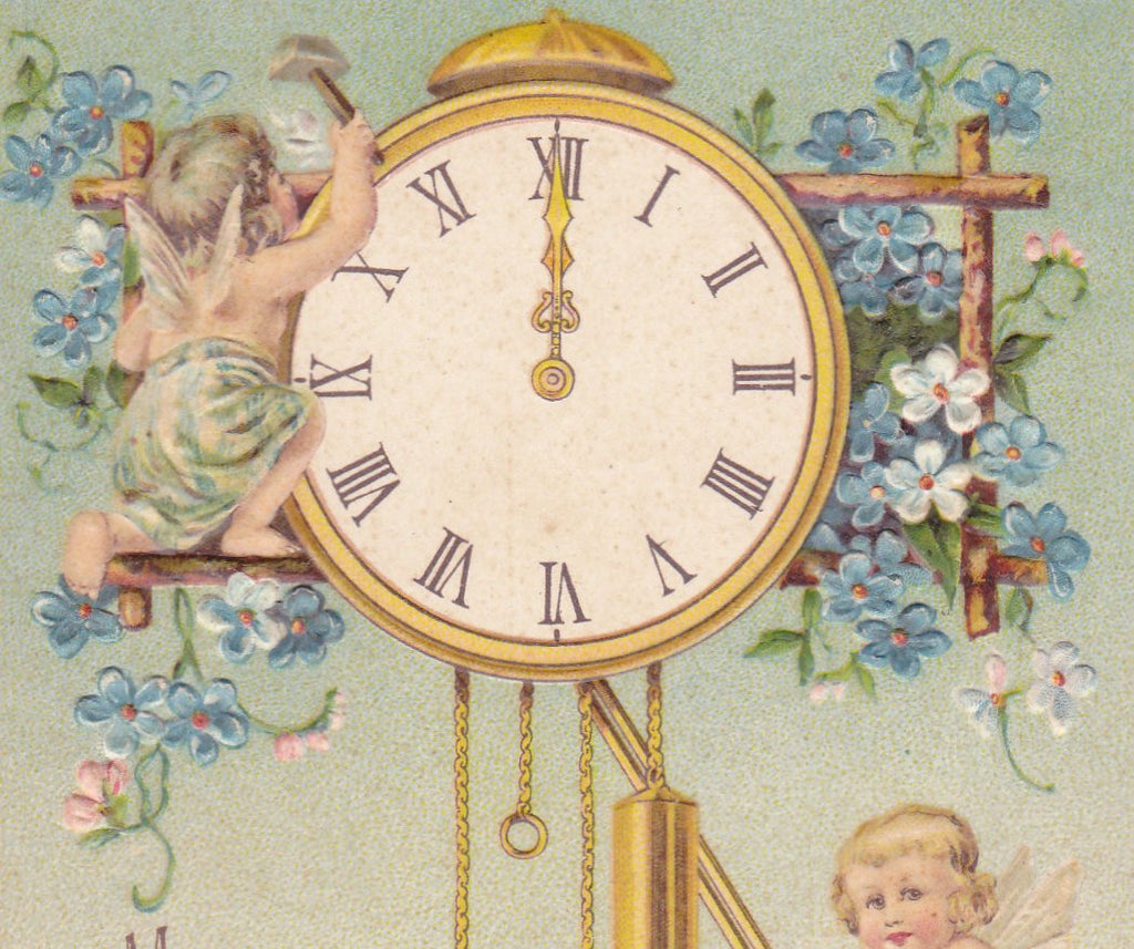 True Hearty Pleasures- 1900s Antique Postcard- New Years- Pendulum Clock- Midnight Hour- Cherubs- Fairies- Edwardian Fantasy- Embossed- Used