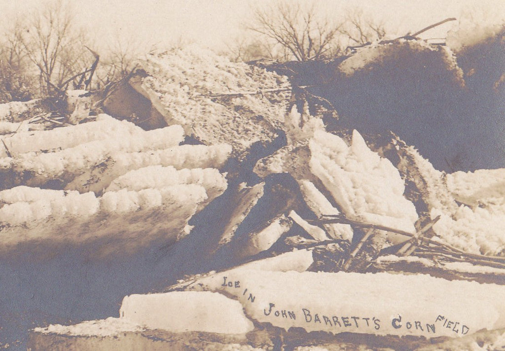 Ice in John Barrett's Corn Field- 1910s Antique Photograph- Winter Flood- Jan 12, 1910- Cottonwood Valley, Missouri- AZO RPPC- Real Photo Postcard