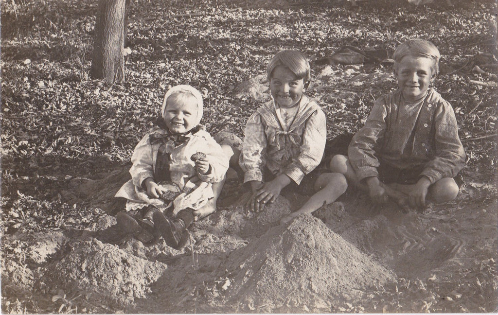 Sandpile Playmates- 1900s Antique Photograph- Edwardian Children Playing in Sand- Smiling Boys- Real Photo Postcard- Cyko RPPC
