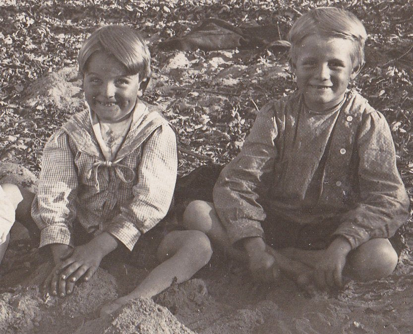 Sandpile Playmates- 1900s Antique Photograph- Edwardian Children Playing in Sand- Smiling Boys- Real Photo Postcard- Cyko RPPC