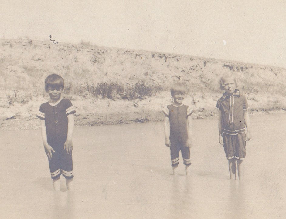 Water You Wading For- 1910s Antique Photograph- Children in Swimsuits Ankle Deep in Stream- Real Photo Postcard- RPPC