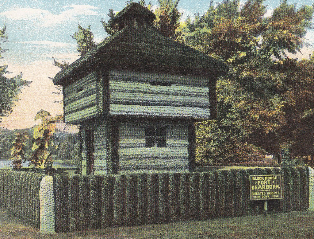 Block House of Fort Dearborn- 1900s Antique Postcard- A Floral Design- Garfield Park- Chicago, Illinois- P. Schmidt- Unused