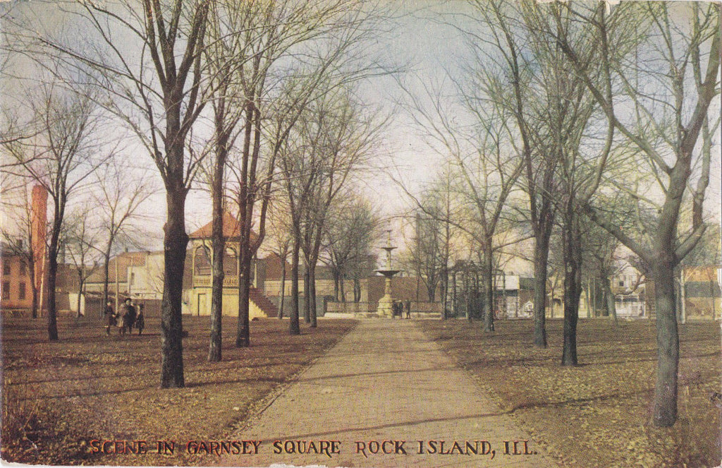 Scene in Garnsey Square- 1900s Antique Postcard- Rock Island, Illinois- Souvenir View- Public Park- Used