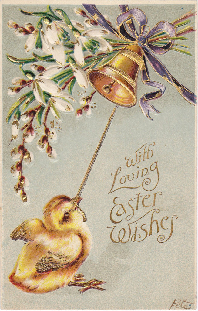 With Loving Easter Wishes- 1900s Antique Postcard- Yellow Chick Ringing Golden Bell- Edwardian Easter- Embossed- Used