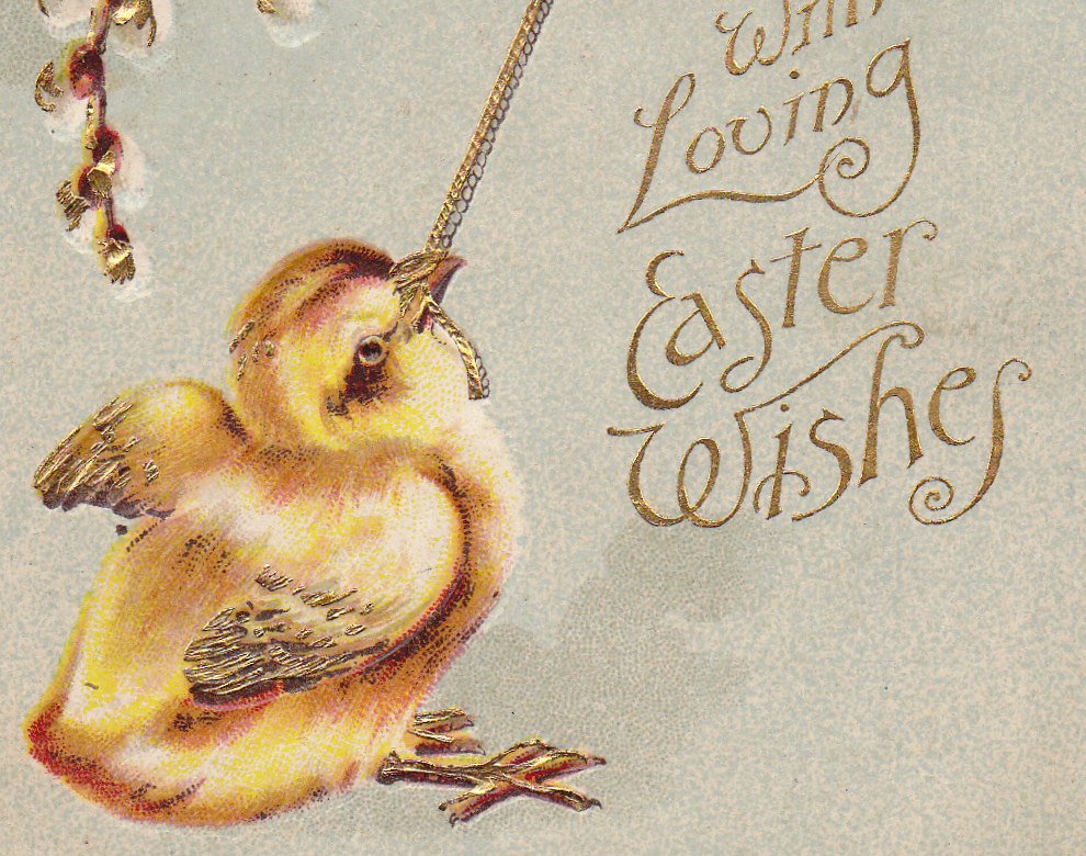 With Loving Easter Wishes- 1900s Antique Postcard- Yellow Chick Ringing Golden Bell- Edwardian Easter- Embossed- Used