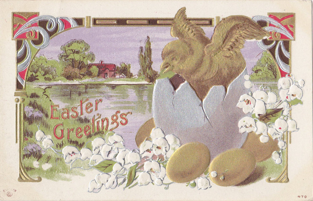 Metallic Easter Greetings- 1910s Antique Postcard- Gold, Silver, Bronze- Hatching Chick- Art Nouveau- Edwardian Easter- Embossed- Used