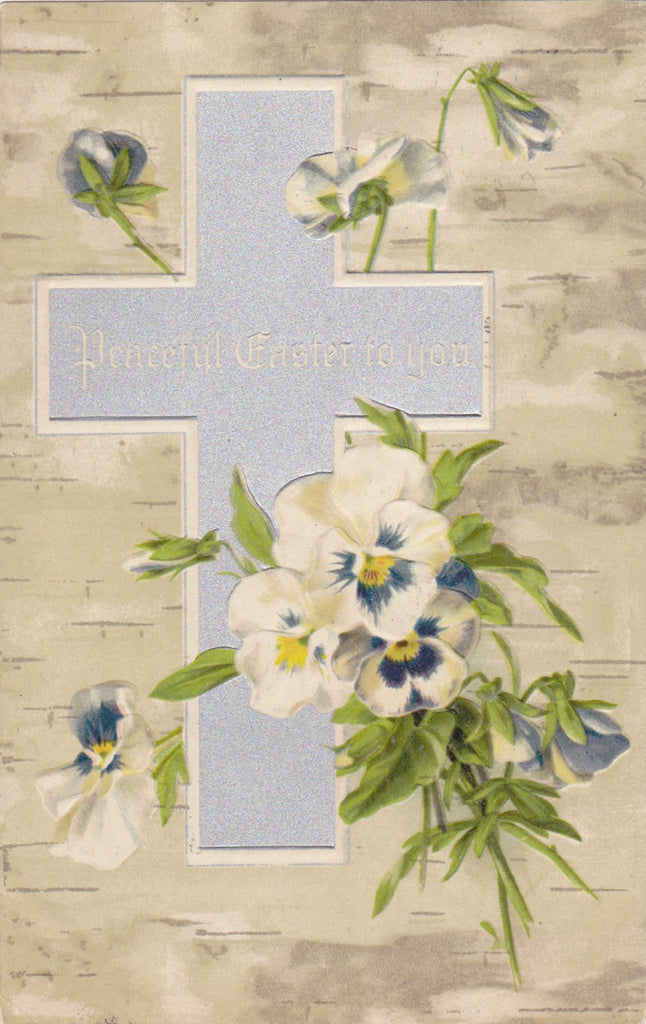 Peaceful Easter To You- 1900s Antique Postcard- Pansy Flowers- Birch Tree Bark- Edwardian Springtime- Art Card- Embossed- Used
