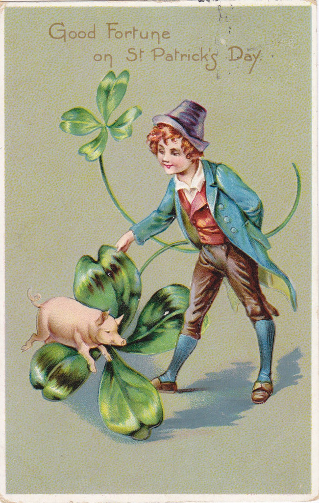 Good Fortune on St. Patrick's Day- 1910s Antique Postcard- Irish Lad- Lucky Pig- Four-Leaf Clover- Raphael Tuck & Sons- Art Card- Used