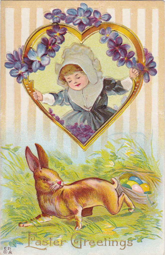Easter Rabbit's Nest- 1900s Antique Postcard- Art Card- Bunny Eggs- Springtime- Edwardian Violets- Pilgrim Girl- Embossed- Used