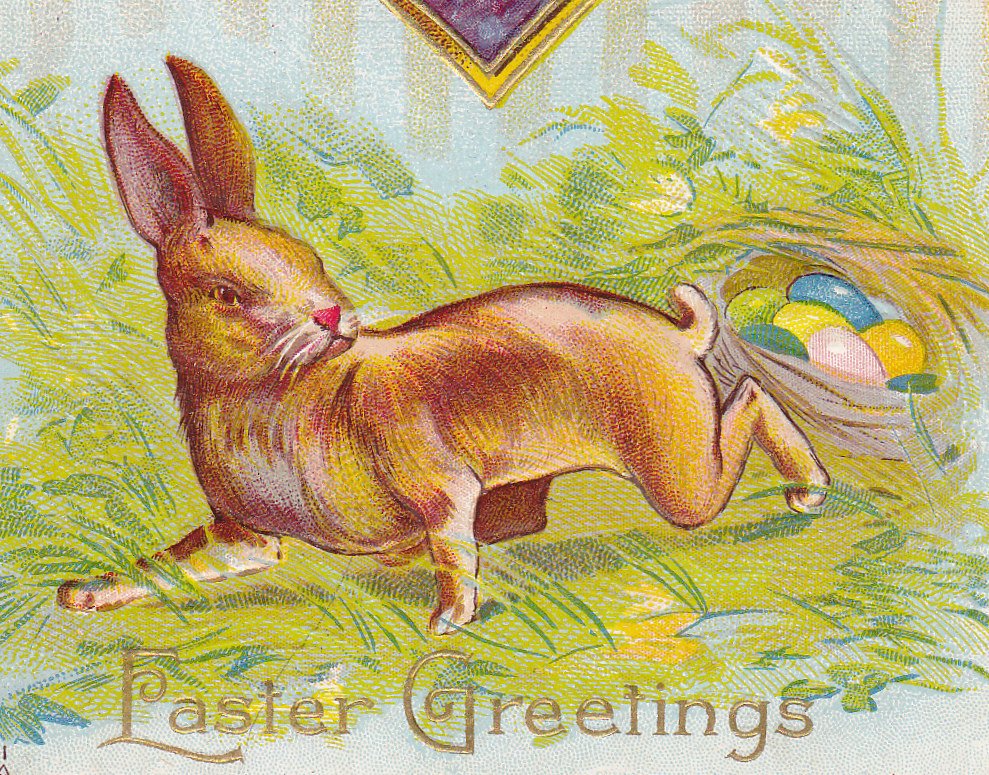 Easter Rabbit's Nest- 1900s Antique Postcard- Art Card- Bunny Eggs- Springtime- Edwardian Violets- Pilgrim Girl- Embossed- Used