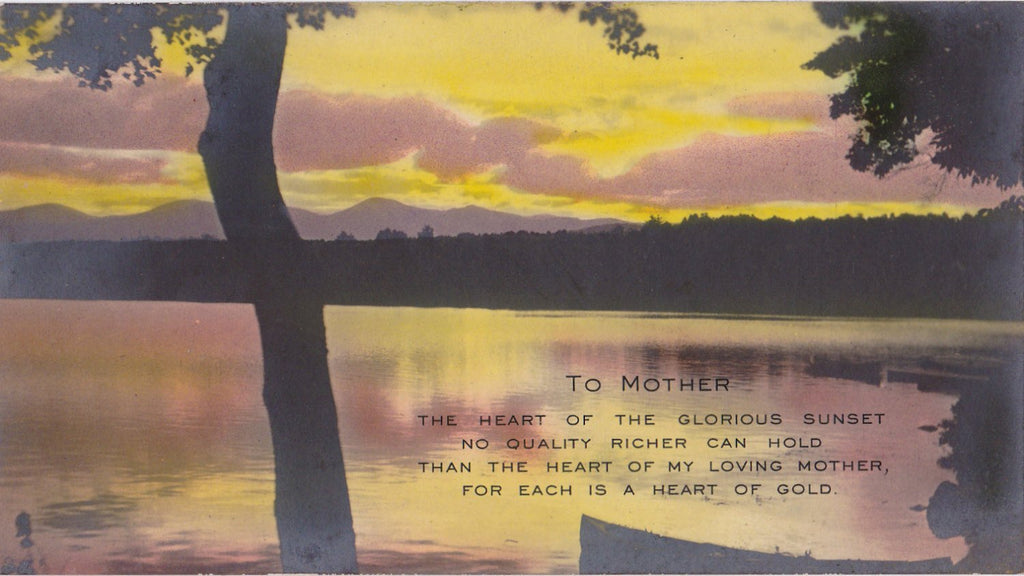 To My Loving Mother- 1920s Antique Photograph- Mother's Day- Heart of Gold- Photo Card- Sunset Lake- Hand Tinted RPPC