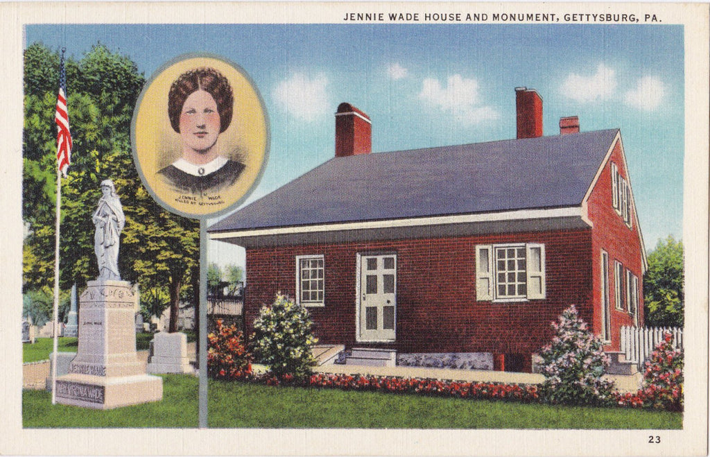 Jennie Wade House and Monument- 1930s Vintage Postcard- Gettysburg, Pennsylvania- Civil War Landmark- Souvenir View- Marken & Bielfeld