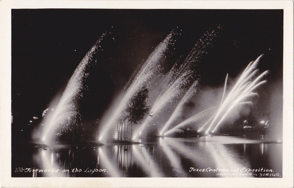 Fireworks Over Lagoon- 1930s Vintage Photograph- Texas Centennial Exposition 1936- Real Photo Postcard- Sirigo RPPC- Paper Ephemera