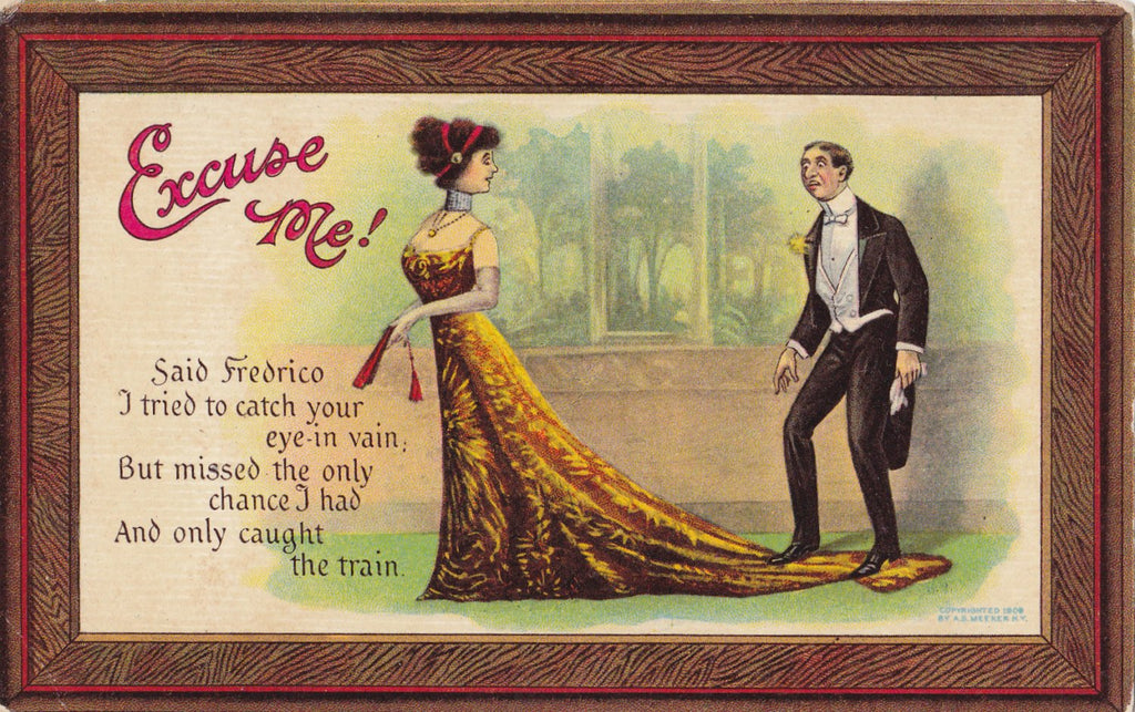 Excuse Me, Said Fredrico- 1900s Antique Postcard- Artist Signed- A S Meeker- Backwards Head- Visual Pun- Old Art Comic Card- Unused