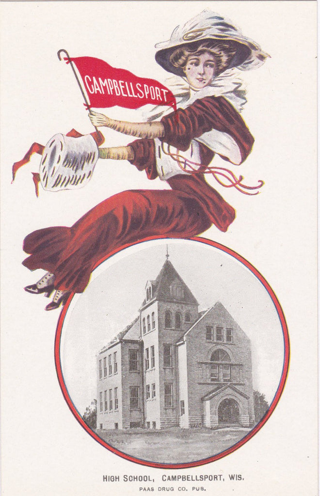 High School Cheer- 1900s Antique Postcard- Campbellsport, WI- Pennant Flag- Souvenir Card- Edwardian Lady- Paas Drug Co- Unused