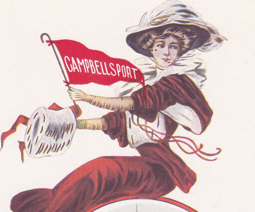 High School Cheer- 1900s Antique Postcard- Campbellsport, WI- Pennant Flag- Souvenir Card- Edwardian Lady- Paas Drug Co- Unused
