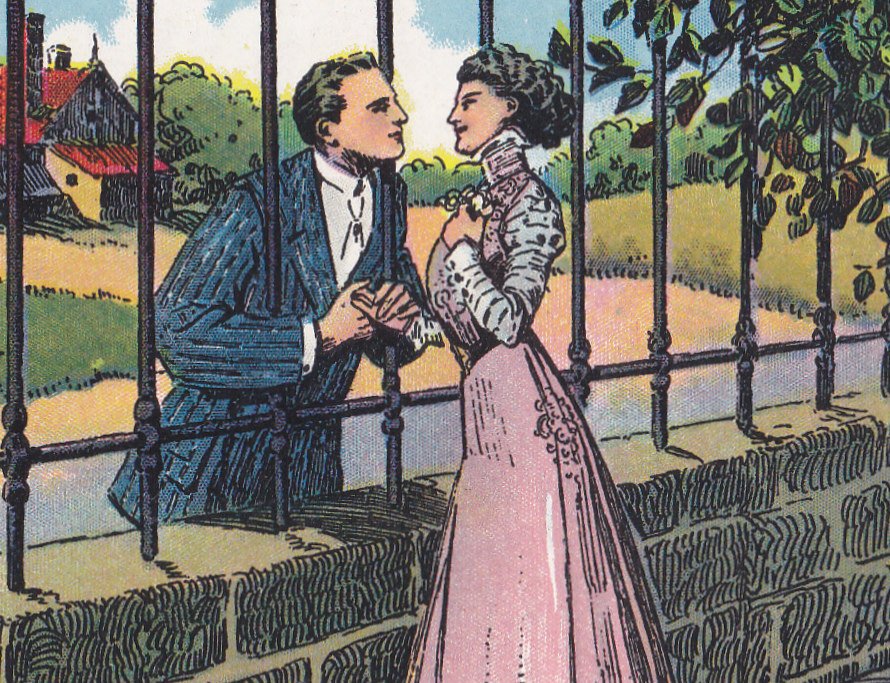 Love in De-Fence- 1910s Antique Postcard- Edwardian Romance- Artist Signed- R. Lillo- Art Comic- Unused
