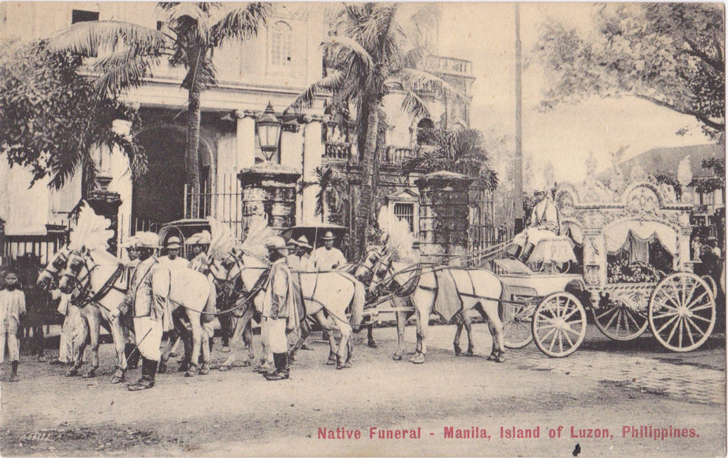Native Funeral- 1900s Antique Postcard- Island of Luzon, Manila, Philippines- Horse-Drawn Hearse- Mourning Customs- L J Lambert