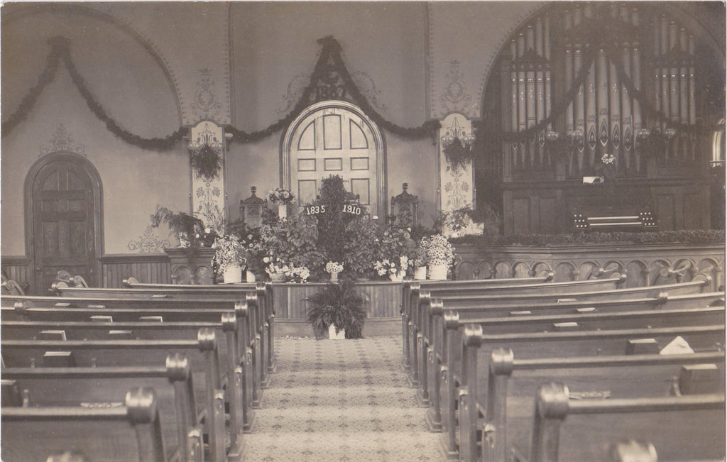 Chapel Funeral- 1910s Antique Photograph- 1835-1910 Memorial- Flower Arrangement- Church Interior- Real Photo Postcard- Cyko RPPC