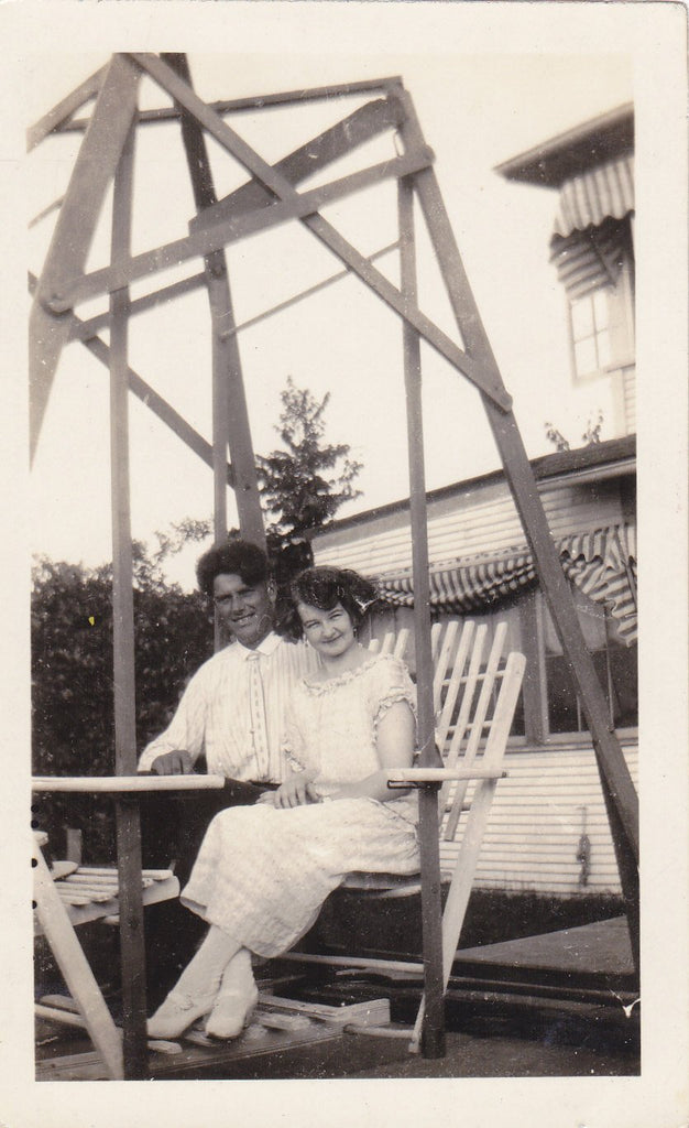 Full Swing- 1920s Antique Photograph- Couple Sitting on Porch Swing- Roaring 20s- Flapper Photo- Summer Decor- Paper Ephemera