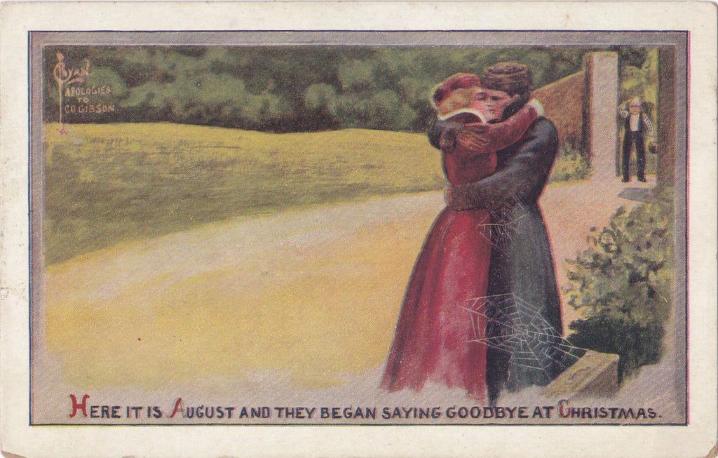 Here It Is August- 1910s Antique Postcard- Kissing Couple- Cobwebs- Artist Signed- C Ryan- Apologies To Gibson- Art Comic- Used