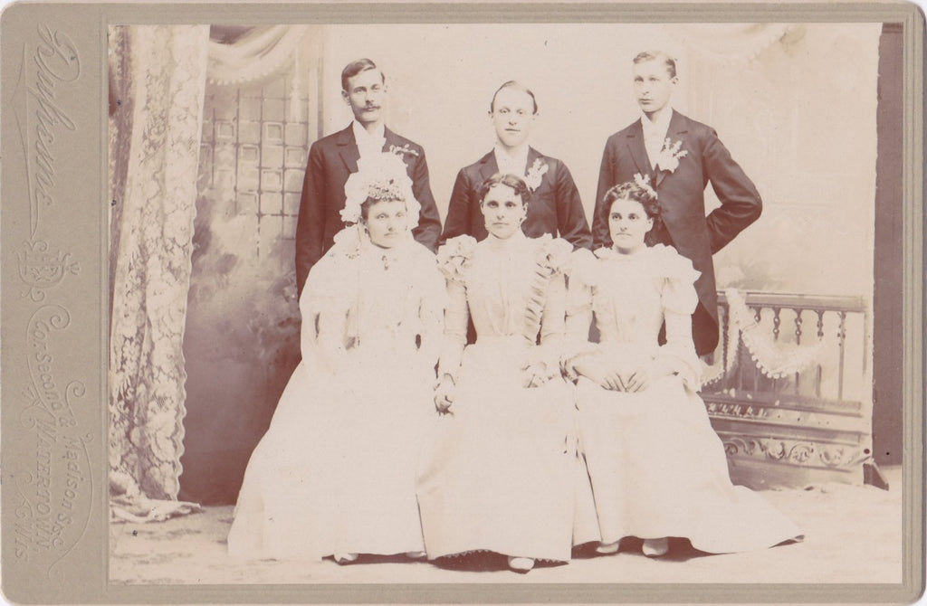Victorian Wedding Party- 1800s Antique Photograph- Watertown, Wisconsin- Bride and Groom- Cabinet Photo- Photographer Dufresne