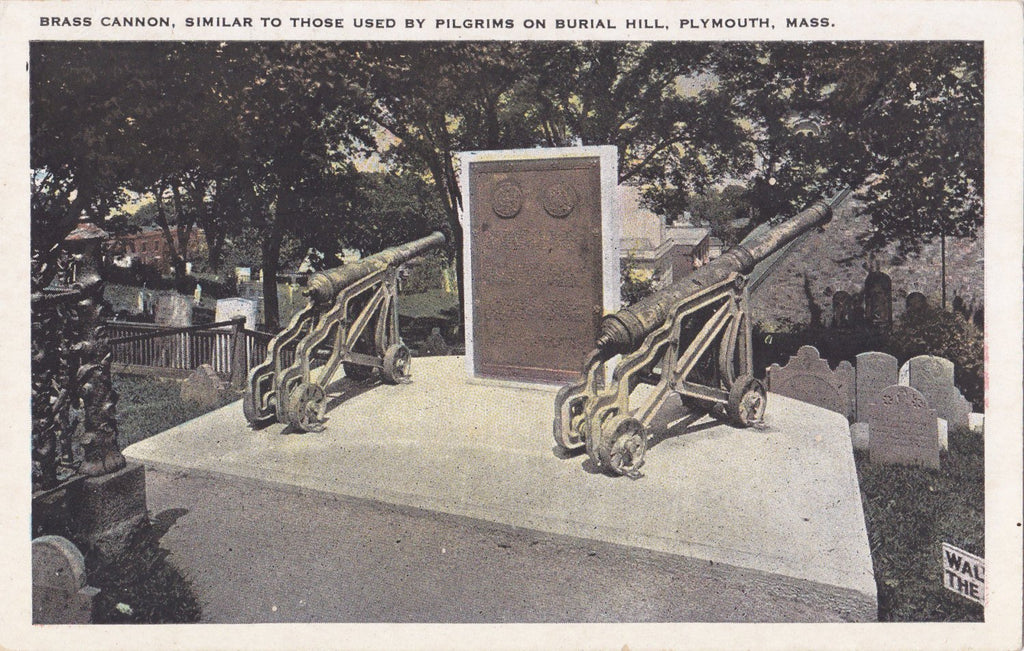 Brass Cannons on Burial Hill- 1920s Antique Postcard- Plymouth, Mass- Massachusetts Cemetery- Graveyard Monument- Tichnor Bros.