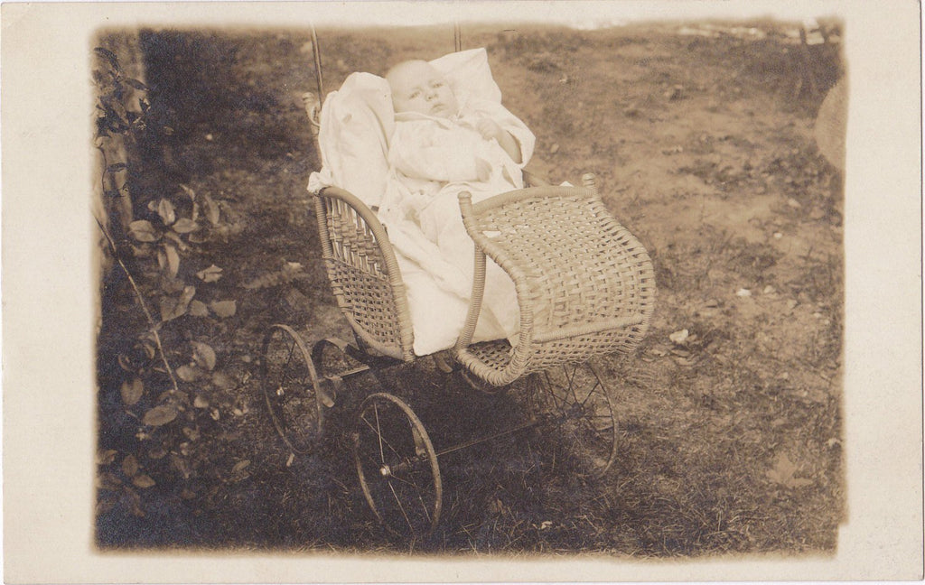 Baby in a Buggy- 1900s Antique Photograph- Wicker Carriage- Edwardian Child- Found Photo- Real Photo Postcard- Paper Ephemera