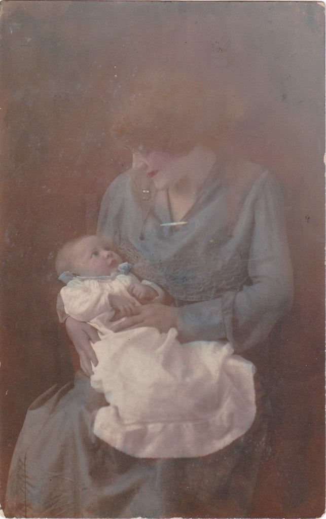 Memories in Blue- 1900s Antique Photograph- Ghostly Mother and Child- Haunting- Hand Tinted- Real Photo Postcard- AZO RPPC