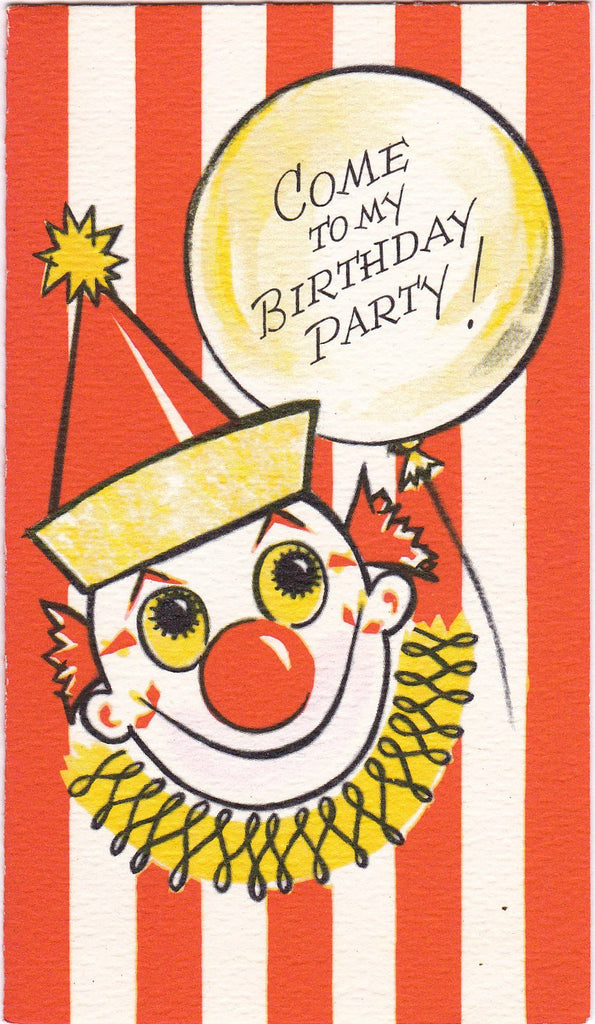 Come To My Birthday Party- 1950s Vintage Card- Circus Clown- Party Invitation- Scary Clown- Gibson Greeting- Used