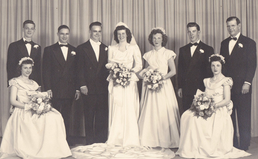 White Satin Wedding- 1940s Vintage Photographs- SET of 2- Bride and Groom- Bridal Party- 8 x 10 Portraits- Vernacular Photos- Paper Ephemera