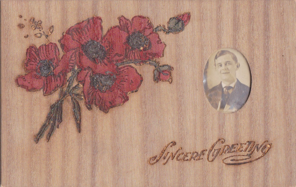 Remember Me- 1910s Antique Wooden Postcard- Red Poppy Flowers- Gem Photo- Wood Burning- Sincere Greeting- J. W. N. Co.