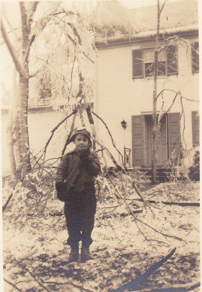 Winter Ice Storm- 1940s Vintage Photo- Boy with Gun- Aviator Cap- Goggles- Standing Guard- Weird Found Photo- Snapshot