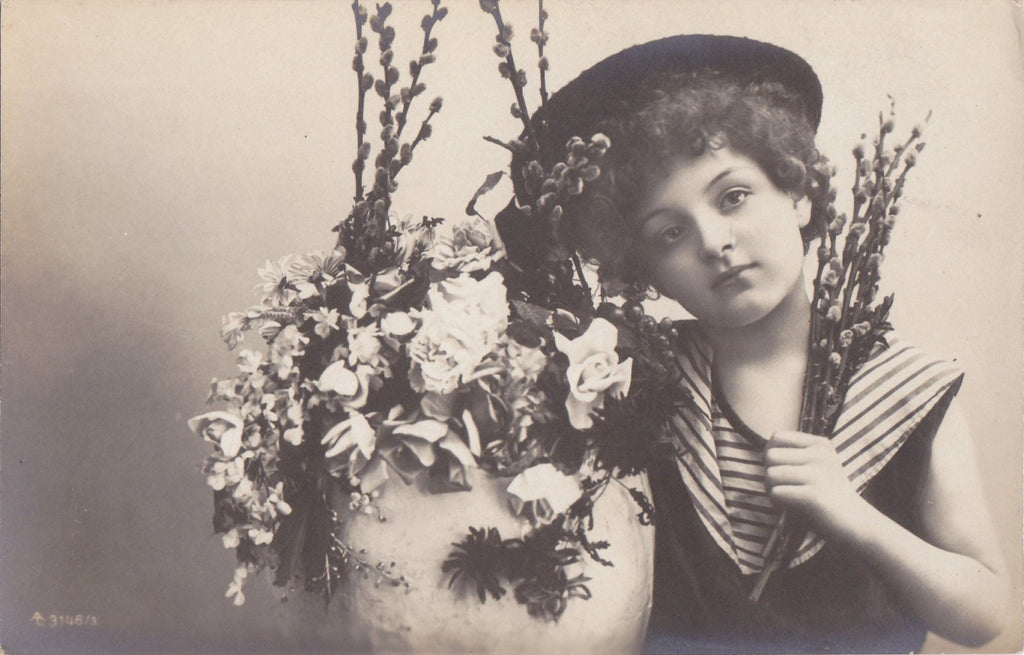 Splendid Springtime- 1900s Antique Photograph- Easter Decor- Edwardian Girl- Nautical Outfit- Real Photo Postcard- RPPC- Paper Ephemera
