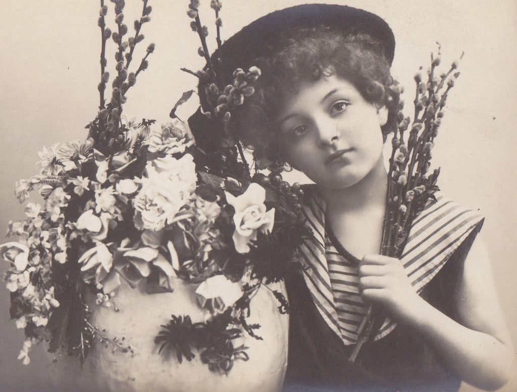 Splendid Springtime- 1900s Antique Photograph- Easter Decor- Edwardian Girl- Nautical Outfit- Real Photo Postcard- RPPC- Paper Ephemera