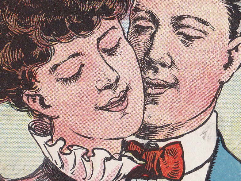 Two Heads Are Better Than One- 1900s Antique Postcard- Edwardian Romance- Art Comic- Couple Humor- Eyes Closed- Used