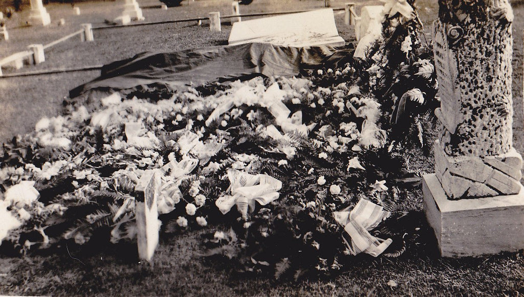 Big Grandpa's Grave- 1920s Antique Photograph- Funeral Flowers- Cemetery Photo- Headstone Picture- Graveyard- Found Photo- Snapshot
