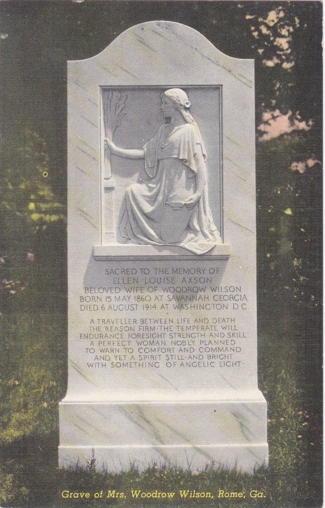 Grave of Mrs. Woodrow Wilson- 1920s Antique Postcard- In Memory Of Ellen Louise Axson- Myrtle Hill Cemetery- Rome, Georgia- Curteich