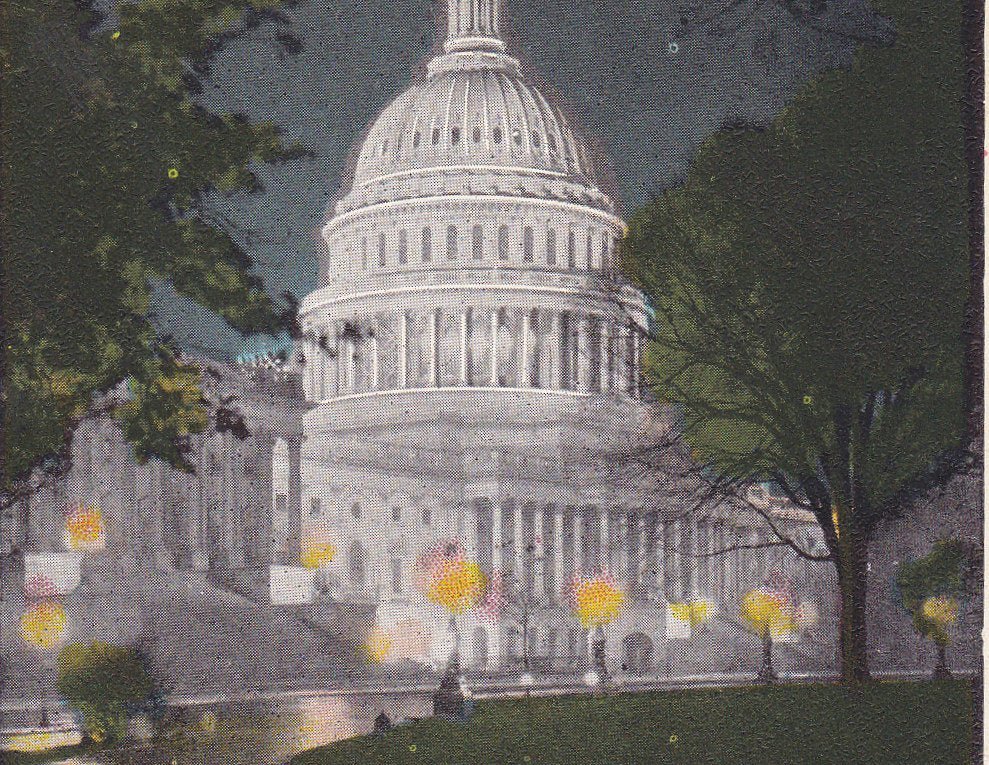 U.S. Capitol At Night- 1920s Antique Postcard- Washington, D.C.- B. S. Reynolds- Souvenir Postcard- Capitol Dome- Unused