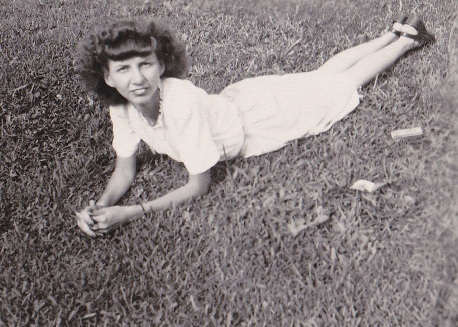Toothsome Beauty- 1940s Vintage Photograph- Pretty Woman- Laying in Grass- Found Photo- 40s Snapshot- Vernacular Photo
