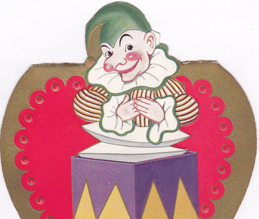Springing Into Love- 1930s Vintage Valentine Card- Jack-In-The-Box- Punchinello Clown- Creepy Cute- Antique Valentine Decor- Used