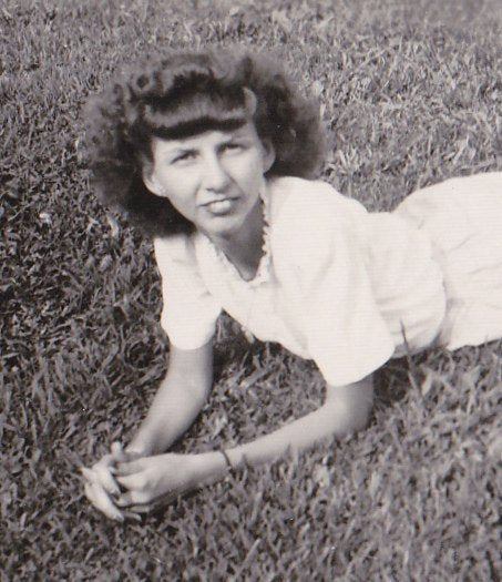 Toothsome Beauty- 1940s Vintage Photograph- Pretty Woman- Laying in Grass- Found Photo- 40s Snapshot- Vernacular Photo