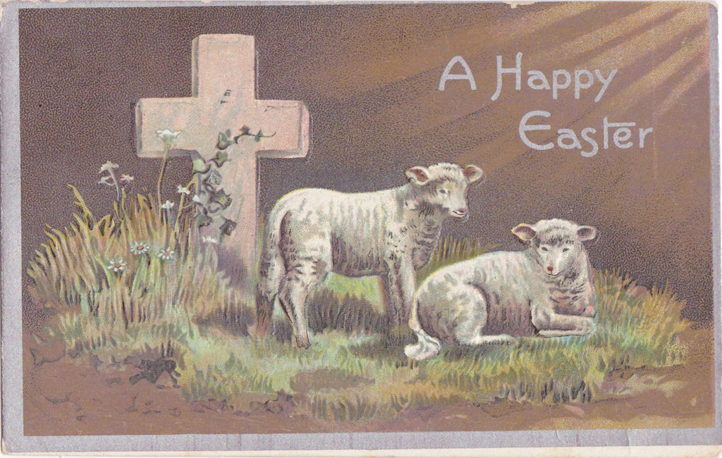 Easter Lambs- 1900s Antique Postcard- Edwardian Easter- Seasonal Spring- Easter Cross Card- Series C- Used